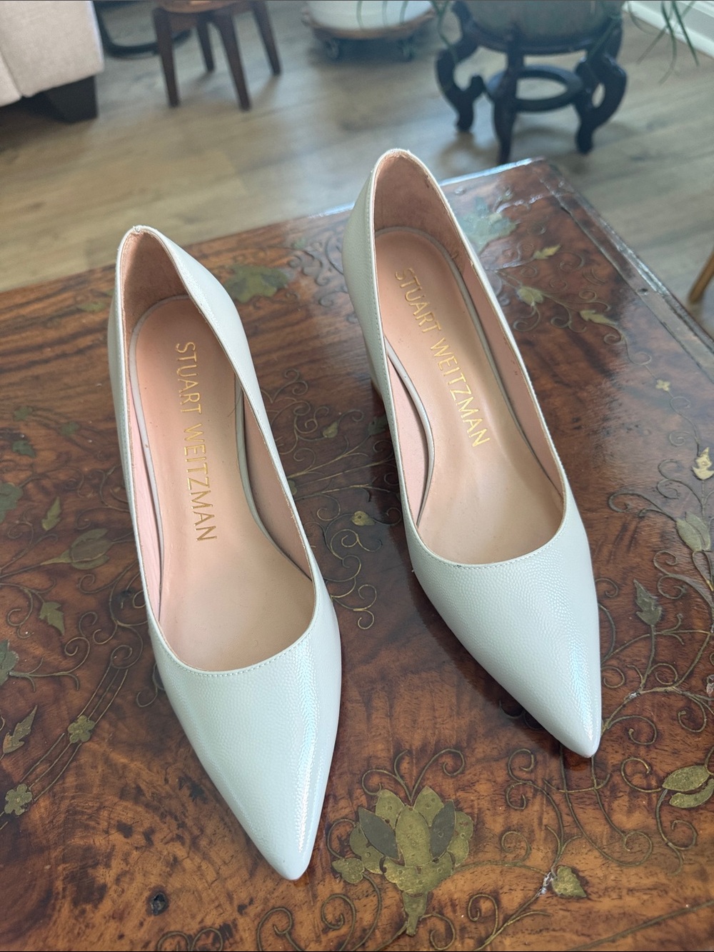 Stuart Weitzman Pointed-Toe Pumps in grey taupe.